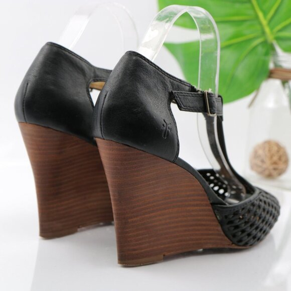 Frye Womens Gwen Sandal Size 9.5 Black Leather Woven T-Strap Wedge Heel Peep Toe - Picture 5 of 12